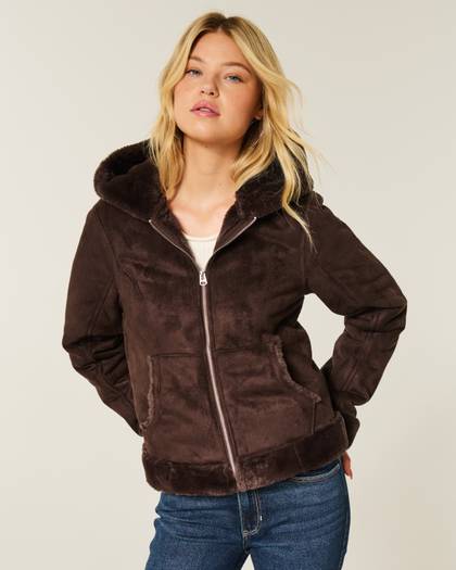 Faux Fur-Lined Faux Shearling Hoodie Jacket