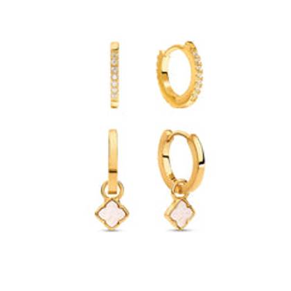 Fine Mini Pearl Clover & Crystal Huggie Earring Set (Gold)