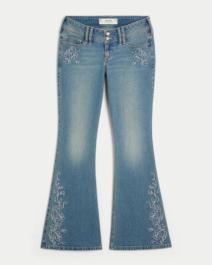 Ultra Low-Rise Medium Wash Floral Embroidery Flare Jeans