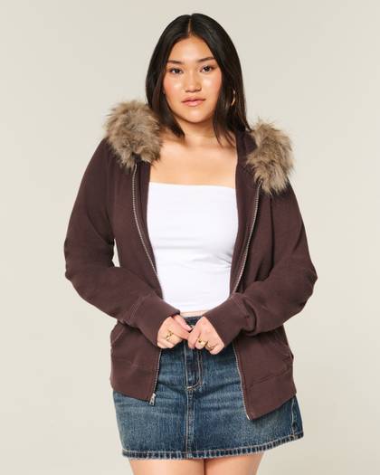 Hollister Feel Good Faux Fur Trim Zip-Up Hoodie