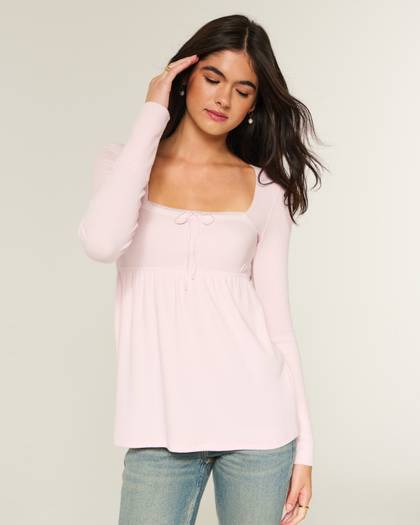 Easy Lace Trim Long-Sleeve Babydoll Top