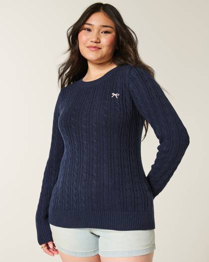 Cable-Knit Bow Crew Sweater