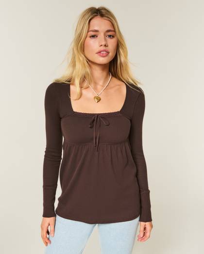 Easy Lace Trim Long-Sleeve Babydoll Top