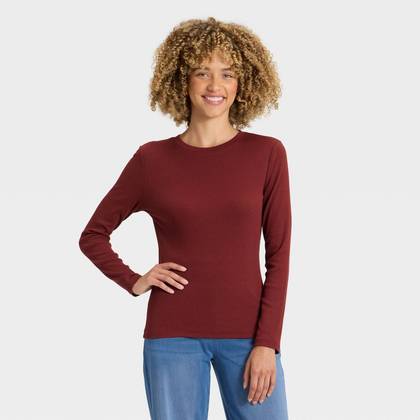 Women's Slim Fit Long Sleeve Ribbed Top - A New Day™ Maroon L