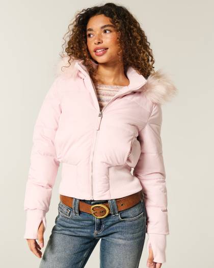 Faux Fur Trim Puffer Bomber Jacket