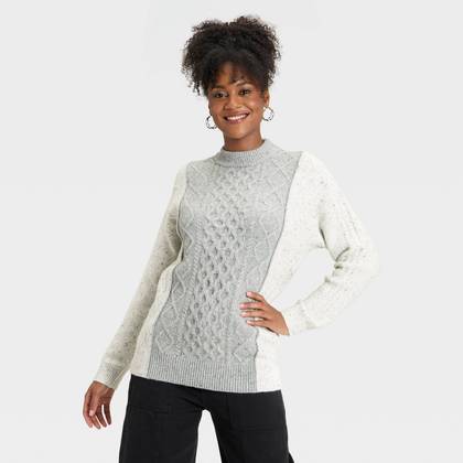Women's Long Sleeve Cozy Cable Knit Crewneck Pullover Sweater - Universal Thread™ Cream/Gray M