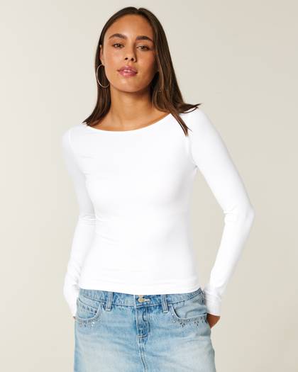 Long-Sleeve Seamless Fabric Slash-Neck Top
