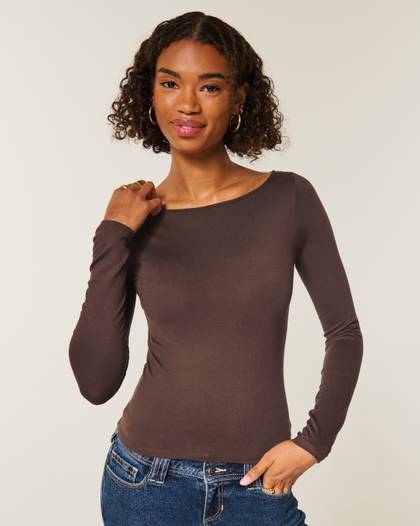 Long-Sleeve Seamless Fabric Slash-Neck Top