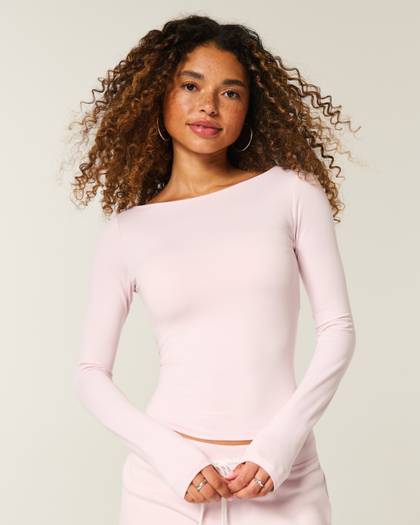Long-Sleeve Seamless Fabric Slash-Neck Top