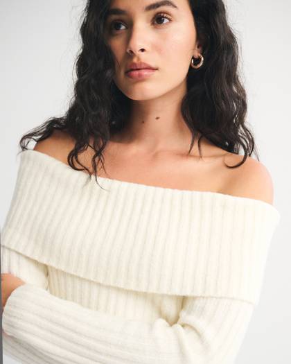 Ribbed Foldover Off-The-Shoulder Sweater