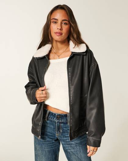 Sherpa Collar Faux Leather Bomber Jacket