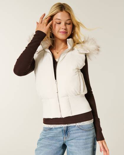 Faux Fur Trim Hooded Y2K Vest