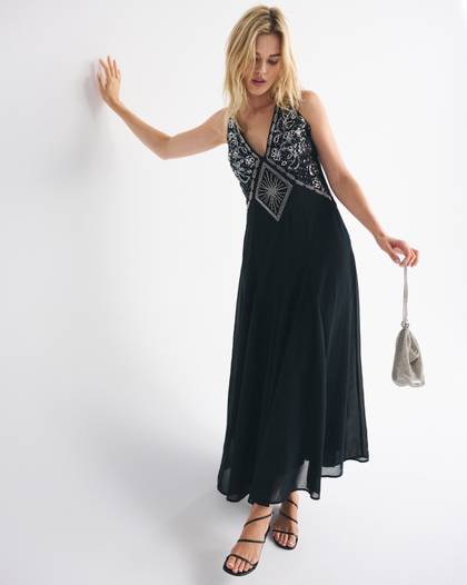 Beaded Plunge Maxi Dress