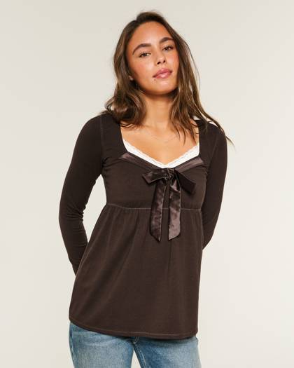 Holiday Vault Release Easy Satin Tie-Front Knit Babydoll Top