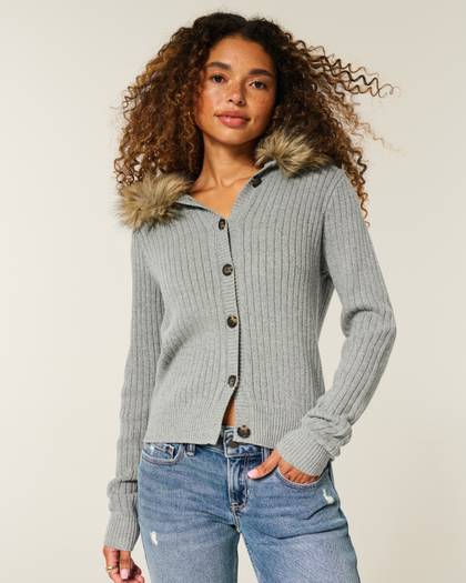 Hooded Faux Fur Trim Cardigan