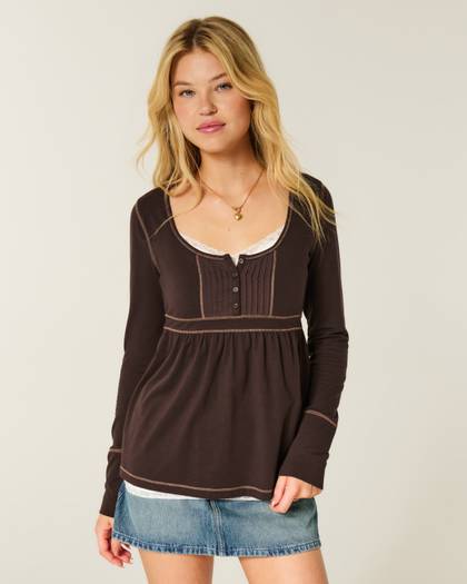 Long-Sleeve Henley Babydoll Top