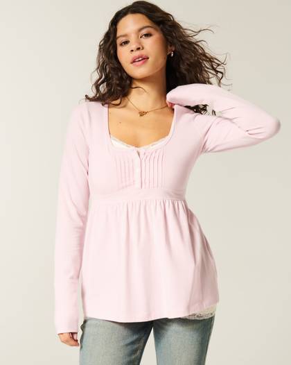 Long-Sleeve Henley Babydoll Top