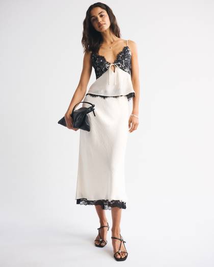 High Rise Satin Lace-Hem Midi Skirt