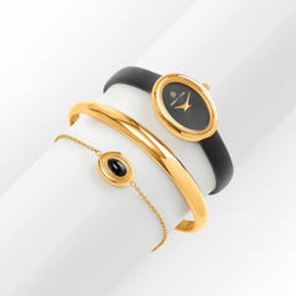 Monroe Leather Watch & Onyx Bracelet Set (Black/Gold)