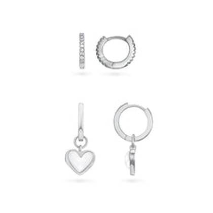 White Quartz Heart Huggie Earrings Set (Silver)