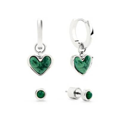 Green Quartz Huggie Earrings & Stud Earrings Set (Silver)