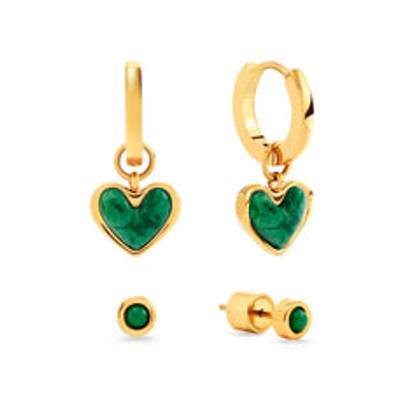 Green Quartz Huggie Earrings & Stud Earrings Set (Gold)