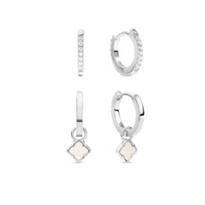 Fine Mini Pearl Clover & Crystal Huggie Earring Set (Silver)