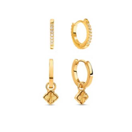 Fine Mini Fluted Clover & Crystal Huggie Earring Set (Gold)