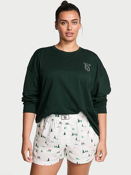 Flannel Long-Sleeve Short Tee-Jama Set