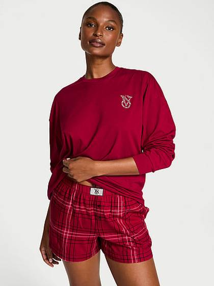 Flannel Long-Sleeve Short Tee-Jama Set