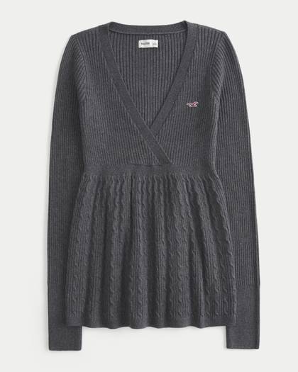 Wrap Front Long-Sleeve Babydoll Sweater