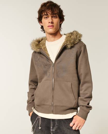 Faux Fur-Lined Graphic Zip-Up Hoodie