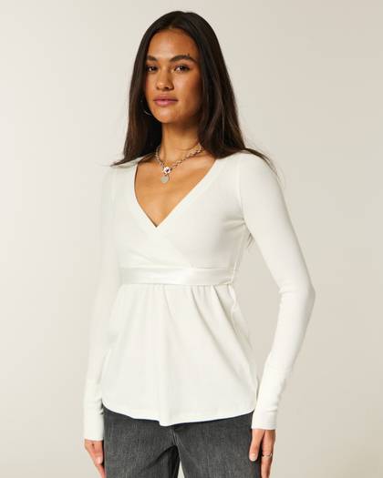 Easy Long-Sleeve Wrap-Front Babydoll Top