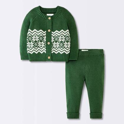 Baby 2pc Christmas Holiday Fair Isle Sweater and Pants Set - Cloud Island™ Green Newborn