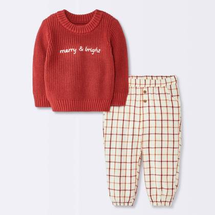 Baby Boys' 2pc Christmas Holiday Merry and Bright Sweater and Gingham Pants Set - Cloud Island™ Red 18M
