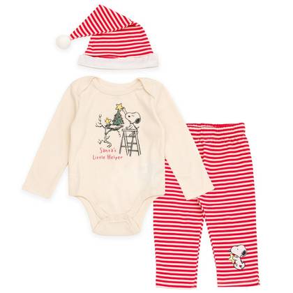 PEANUTS Snoopy Christmas Newborn Baby Boys Bodysuit, Pants and Velour Santa Hat 3 Piece Outfit Set Cream Beige / Red 3-6 Months