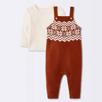 Baby 2pc Long Sleeve Christmas Holiday Fairisle T-Shirt and Overalls Set - Cloud Island™ Red/Cream 3-6M