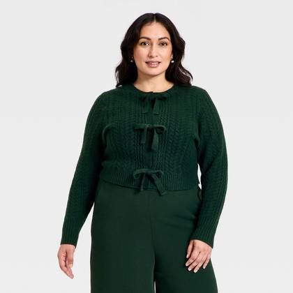 Women's Long Sleeve Bow Cardigan Sweater - A New Day™ Dark Green 4X