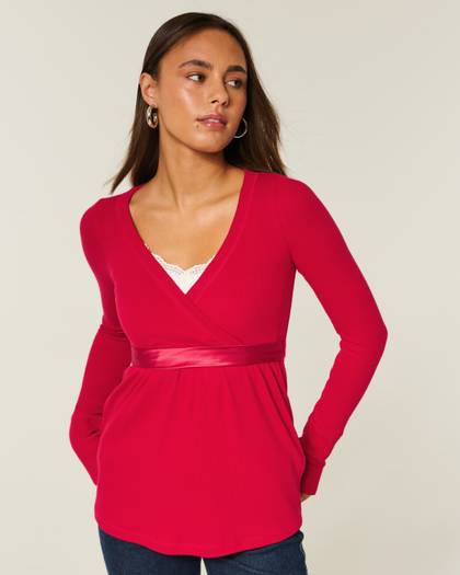 Easy Long-Sleeve Wrap-Front Babydoll Top