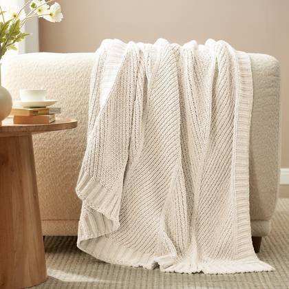 Chenille Chunky Knit Chevron Throw Blanket, 50"x 60", Ivory-Amelie Home