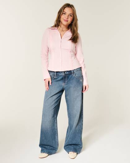 Low-Rise Dark Wash Floral Embroidery Baggy Jeans