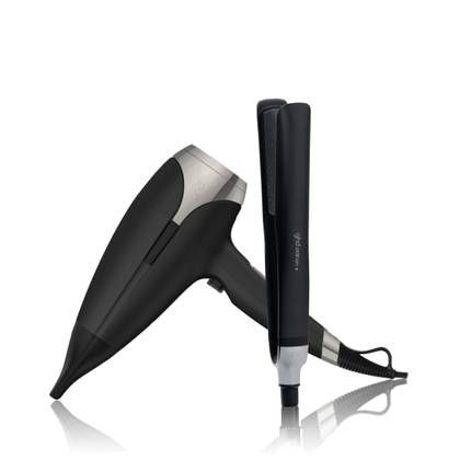 GHD PLATINUM+ FLAT IRON & GHD HELIOS HAIR DRYER IN BLACK BUNDLE SET