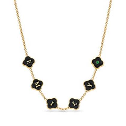 Black Enamel Clover Custom Name Necklace (Gold)
