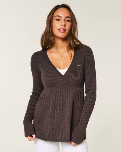 Wrap Front Long-Sleeve Babydoll Sweater