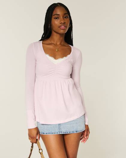 Long-Sleeve Pinch Bust Babydoll Top