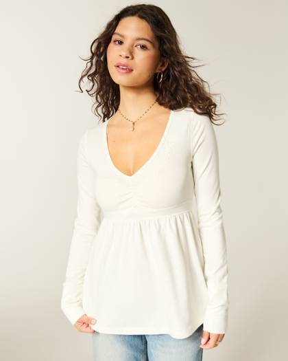 Long-Sleeve Pinch Bust Babydoll Top