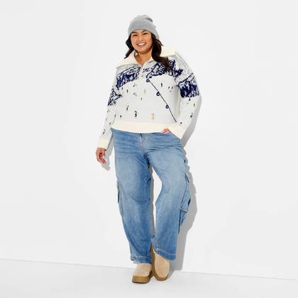 Women's Polo Collar Quarter Zip Novelty Pullover Sweater - Wild Fable™ Off-White Landscape 2X