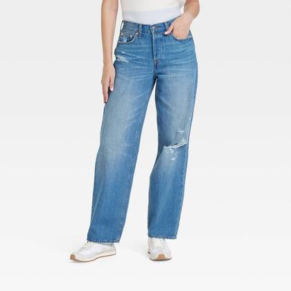 Women's Mid-Rise 90's Baggy Jeans - Universal Thread™ Blue 14: Heavyweight Denim, Relaxed Fit, Full Length, Fly Button Closure