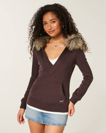 Hollister Feel Good Faux Fur Trim V-Neck Hoodie