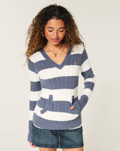 Cable-Knit V-Neck Hoodie Sweater
